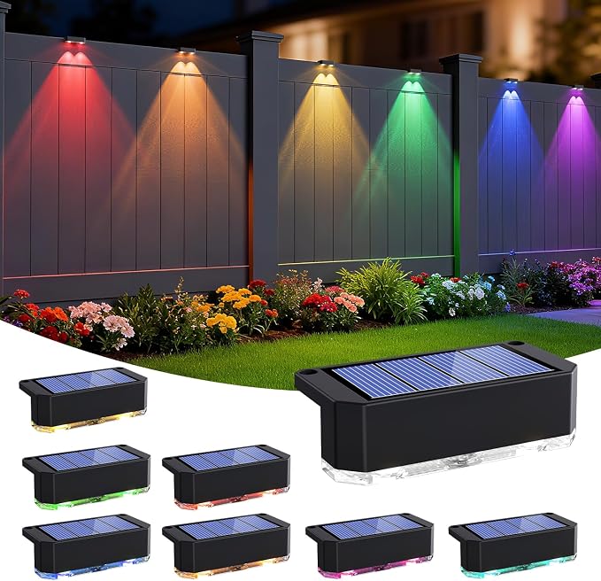 Peasur Solar Fence Lights Outdoor RGB, 8 Pack Step Light Solar Powered by Peasur