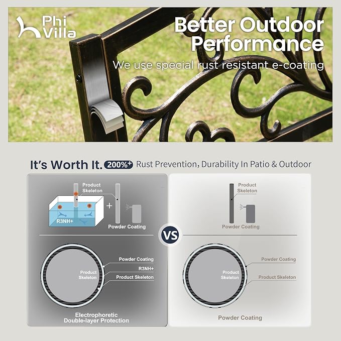 PHI VILLA 50Inch Cast Iron Steel Frame Garden Bench Patio Furniture Chair - Image 4
