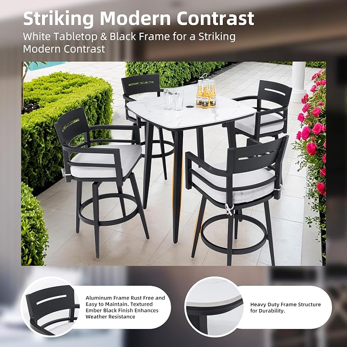 Modern 5PCS Outdoor Patio Bar Set, Rounded Square Sintered Stone Table & 4 - Image 3