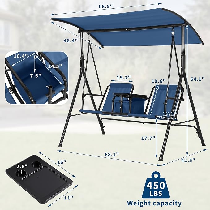 Porch Swing with Cup Holders & Pivot Storage Table & Cooler Bag with Adjustable - Image 6