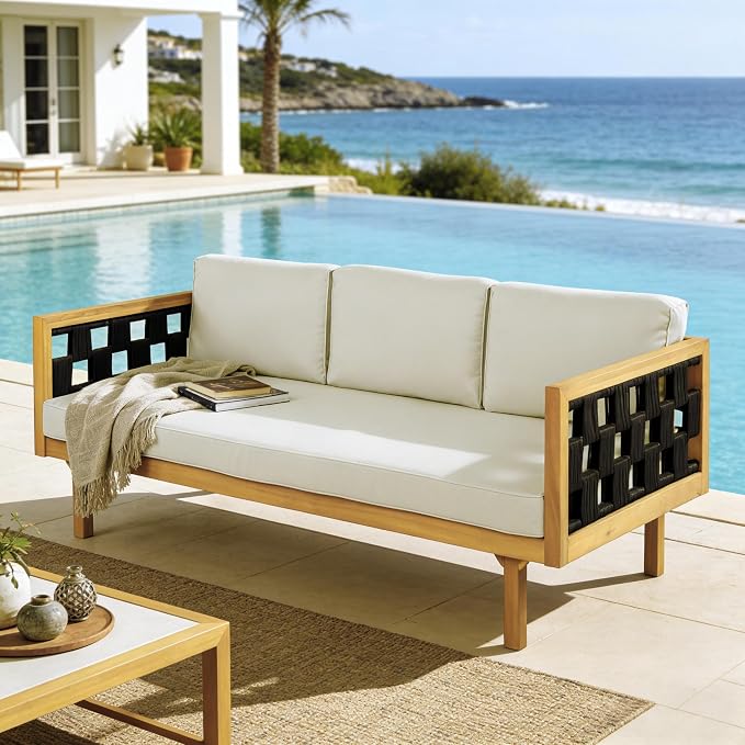 Merax Outdoor 3 Seater Daybed, Acacia Wood Patio Day Bed Couch Sofa - Image 3