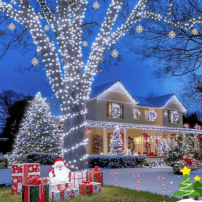 JMEXSUSS 600 LED Solar Christmas Lights Outdoor Waterproof, 206.7ft White Solar - Image 3