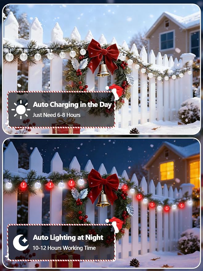 Red and White Solar String Lights Outdoor, Waterproof 2-Pack Total 100 LED 64FT - Image 3
