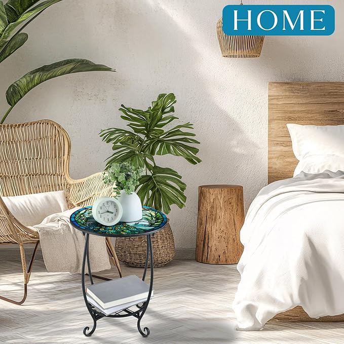Outdoor Side Table Round Small Mosaic Patio Accent Indoor End Plant Coffee Tea - Image 2