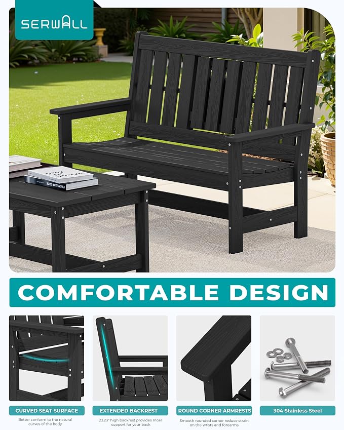SERWALL Outdoor Bench with Cup Holder, All Weather Patio Benches with High - Image 5