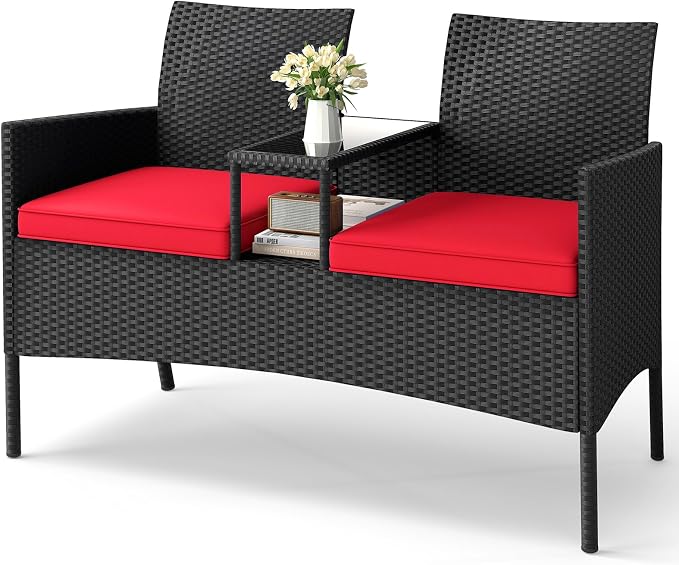 Tangkula Patio Loveseat with Built-in Table, Wicker 2-Seat Furniture with Soft by TANGKULA