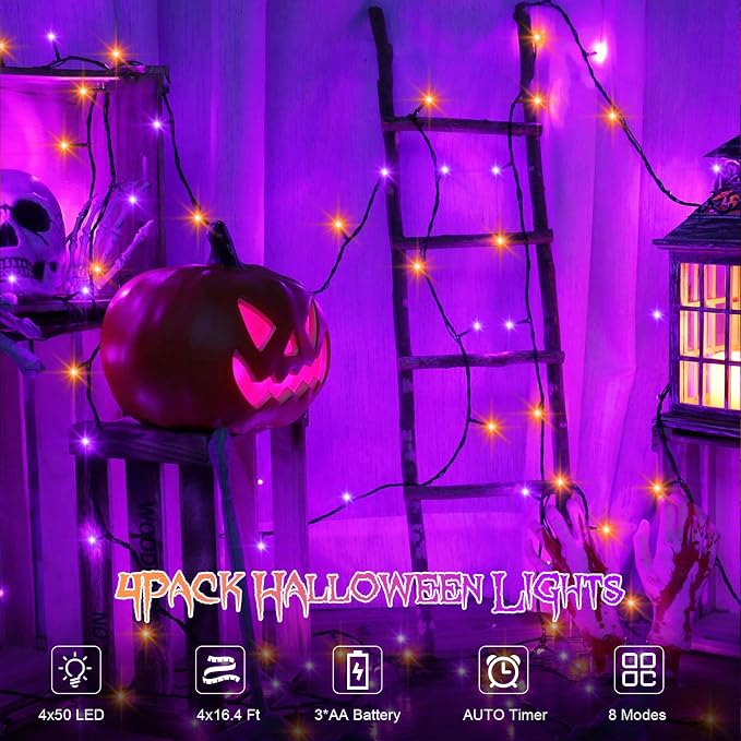 4 Pack Orange Purple Halloween String Lights Battery Operated, Each 16.4Ft 50 - Image 2