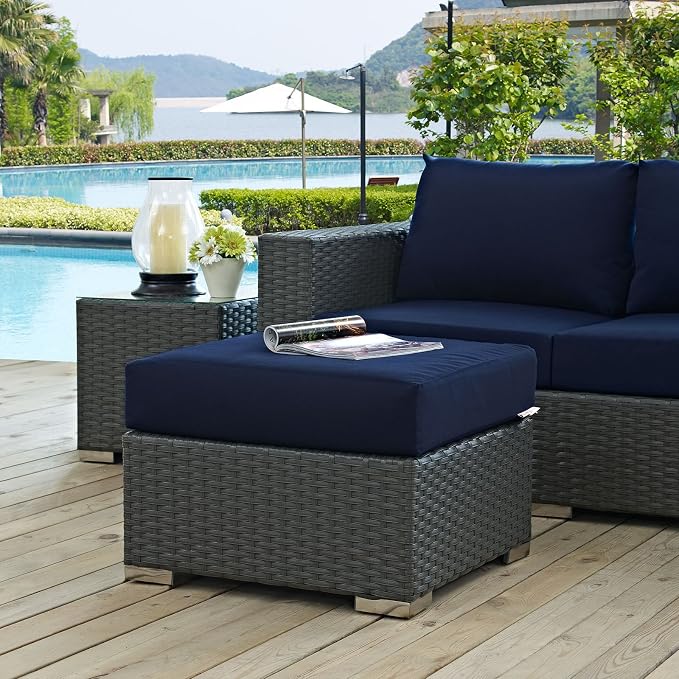 Modway Sojourn Wicker Rattan Outdoor Patio Sunbrella Fabric Ottoman in Canvas - Image 5