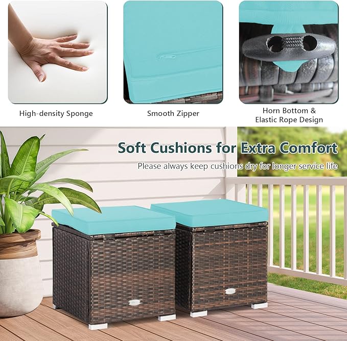 Tangkula 2 Pieces Patio Ottomans, Patiojoy Hand-Woven PE Rattan Side Table - Image 5