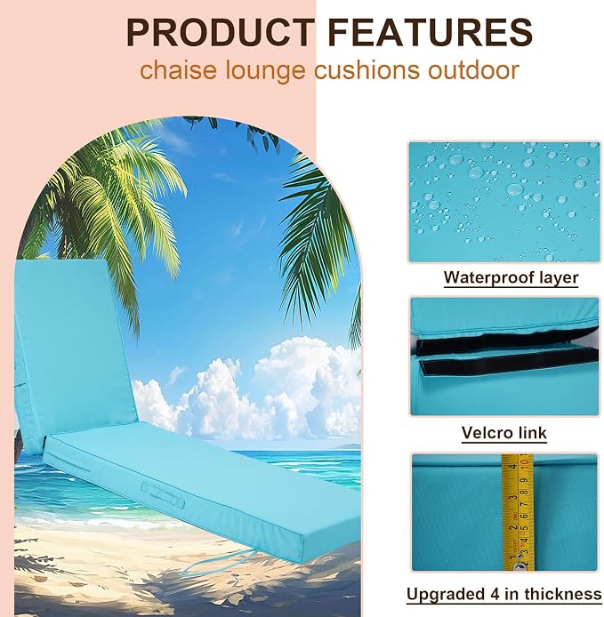 Chaise Lounge Cushions Outdoor Set of 2, Waterproof & Fade Resistant Patio - Image 2
