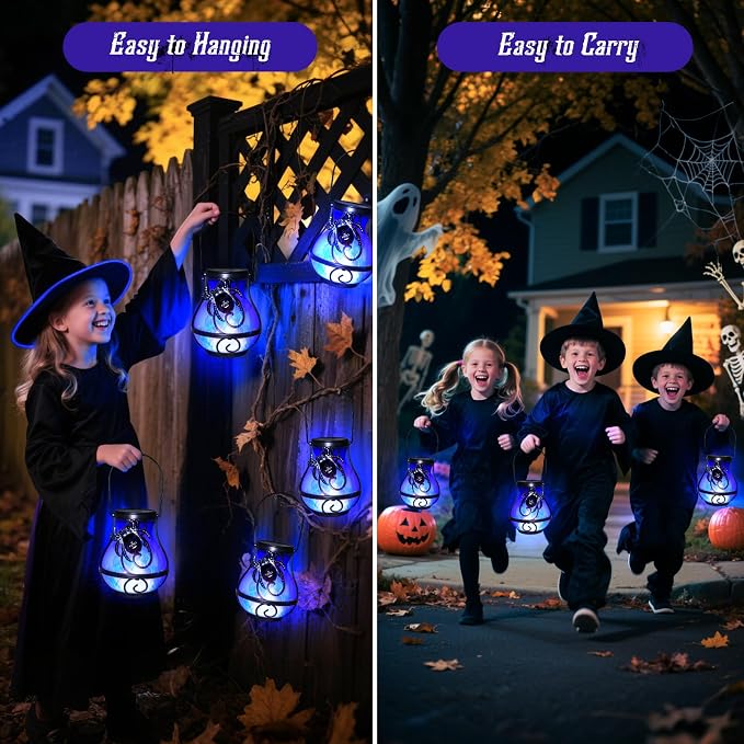 2 Pack Halloween Lights Outdoor Spider Hanging Solar Lantern Flickering Flame - Image 3