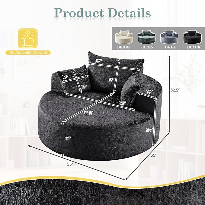 Oversized Round Chaise Longue Chair Indoor, Modern 55-inch Upholstered Chenille - Image 2