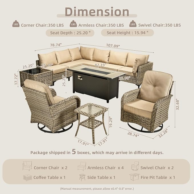 11-Piece Outdoor Sectional Sofa Set w/ 54" Fire Pit – L-Shaped Wicker Patio - Image 8