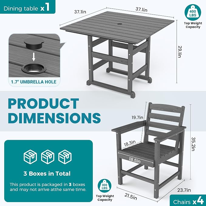 Outdoor HDPE Dining Table Set, 5-Piece All-Weather HDPE Outdoor Table and Chairs - Image 6