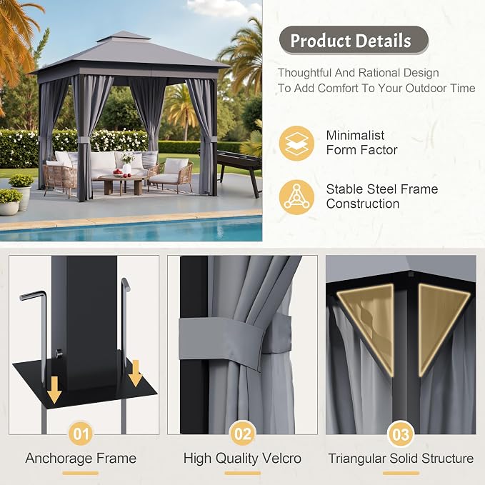 Devoko Outdoor Gazebo for Patio 8'x 8' Heavy Duty Metal Frame Canopy - Image 3