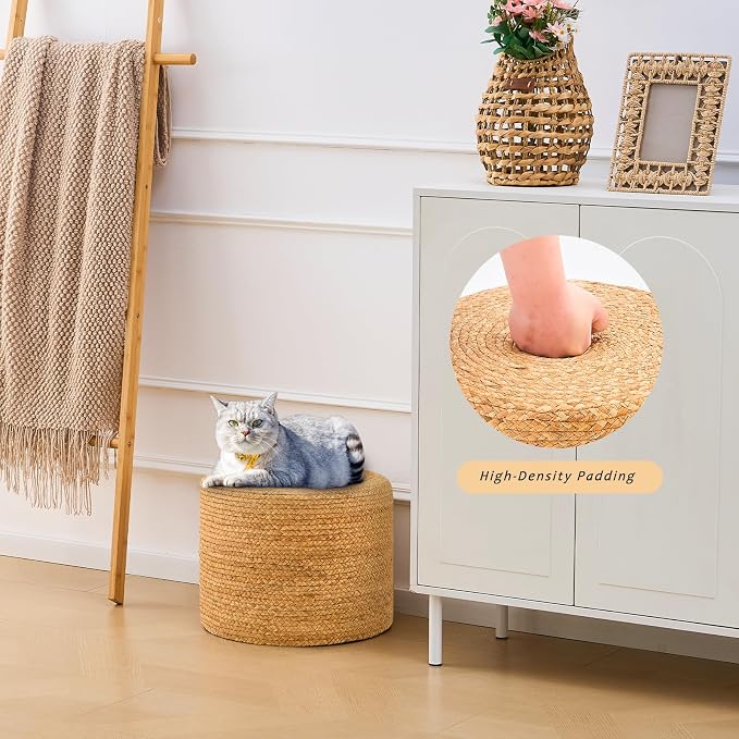 Handwoven Water Hyacinth Ottoman Pouf, Round Outdoor Footstool - Image 7