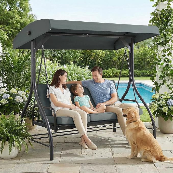 MAMIZO 3-Seat Patio Swing with Adjustable Canopy & Backrest, Outdoor Porch - Image 7