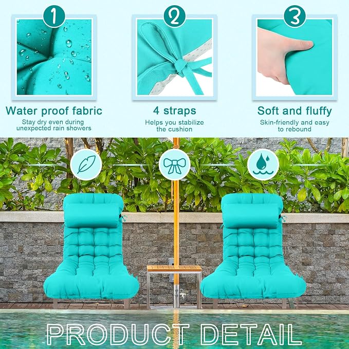 Tudomro 2 Pcs Peacock Blue 66'' Outdoor Chaise Lounge Cushion Waterproof Patio - Image 3