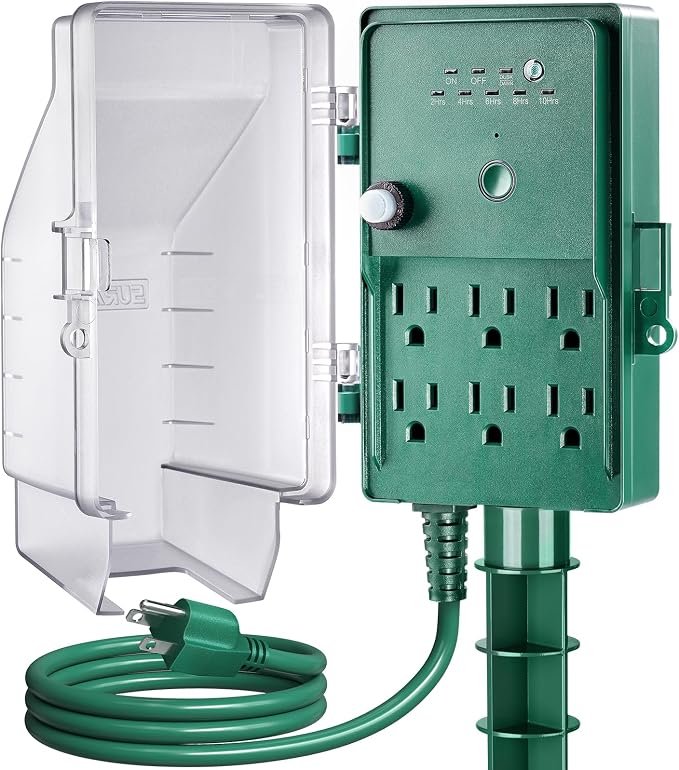 SURAIELEC Outdoor Power Stake, Dusk to Dawn Light Timer, 6 Electrical Outlet by SURAIELEC