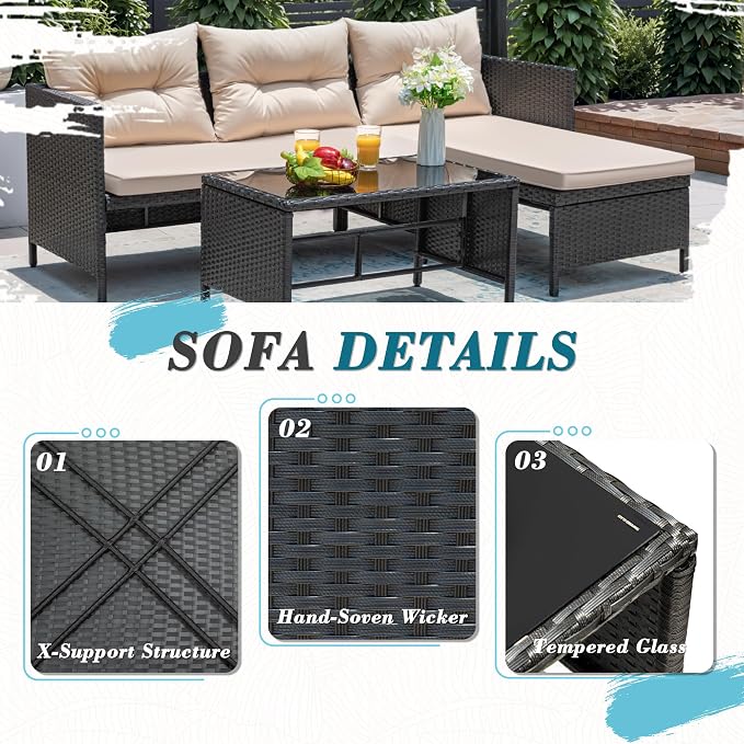Greesum 3 Piece Patio Furniture Set Outdoor Wicker Rattan Sectional Sofa - Image 7