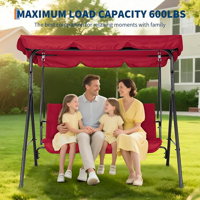 Outdoor Patio Swing Chair with Adjustable Canopy 3-Seat Heavy-Duty Steel Frame - Image 7