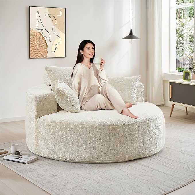 Oversized Round Chaise Longue Chair Indoor, Modern 55-inch Upholstered Chenille by Antetek