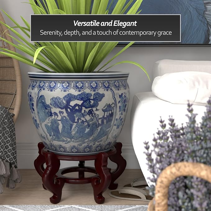 Red Lantern Large 20" Ladies Blue & White Porcelain Fishbowl Planter or Cachepot - Image 3