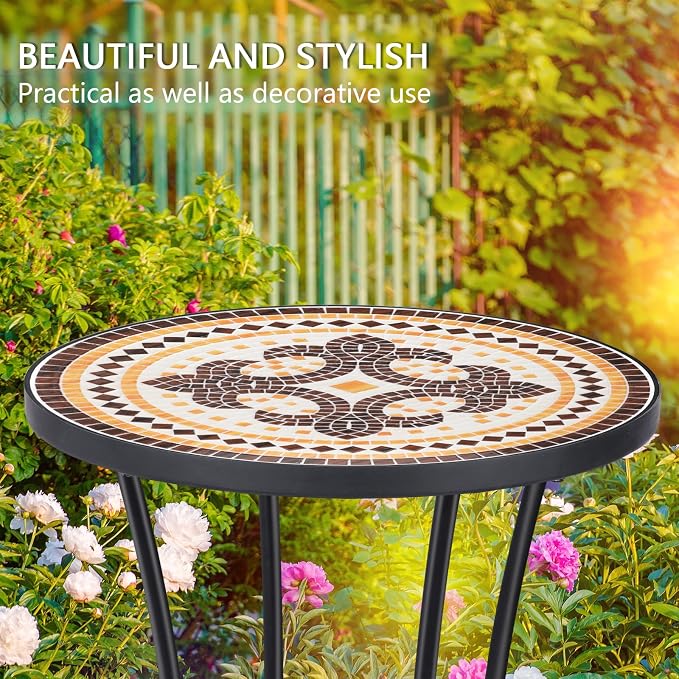 VCUTEKA Outdoor Side Table Mosaic Patio Table Accent Tables Mosaic Tile Top - Image 9