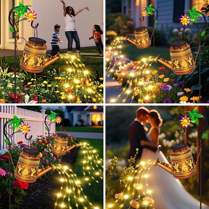 2 Packs Solar Watering Can Lights Hummingbird Garden Decor, Hanging Lanterns - Image 6