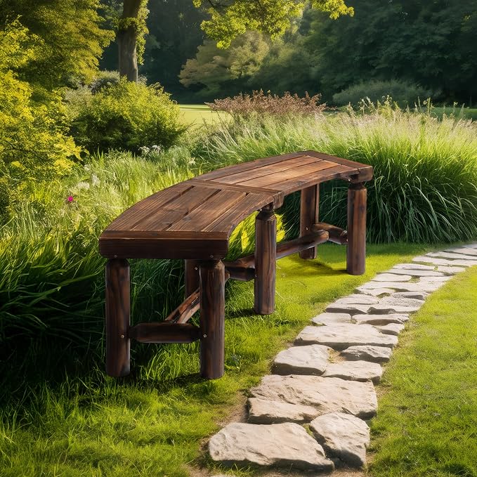VINGLI Outdoor Bench Wooden Curved Bench, All-Weather Fire Pit Backless Patio - Image 7