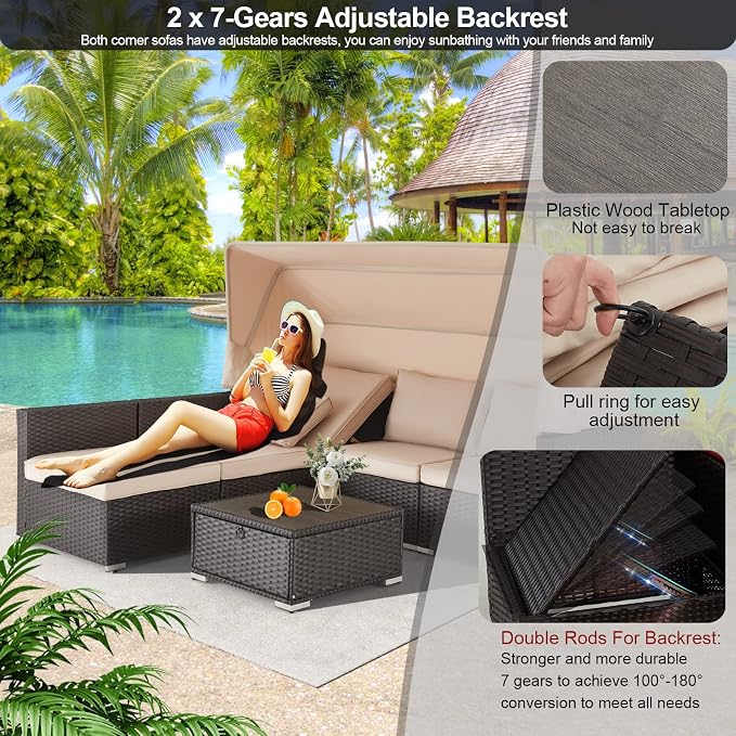 Vicluke 6 Pieces Patio Furniture Sets Outdoor Sectional Sofa Set Rattan Daybed - Image 2
