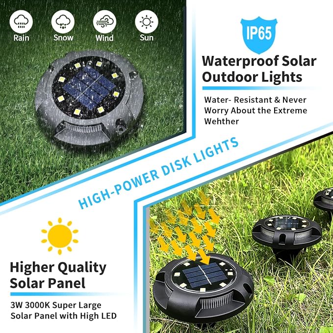 Solar Ground Lights Outdoor Waterproof, 8 Pack 12 LEDs Solar Garden Disk Lights - Image 4