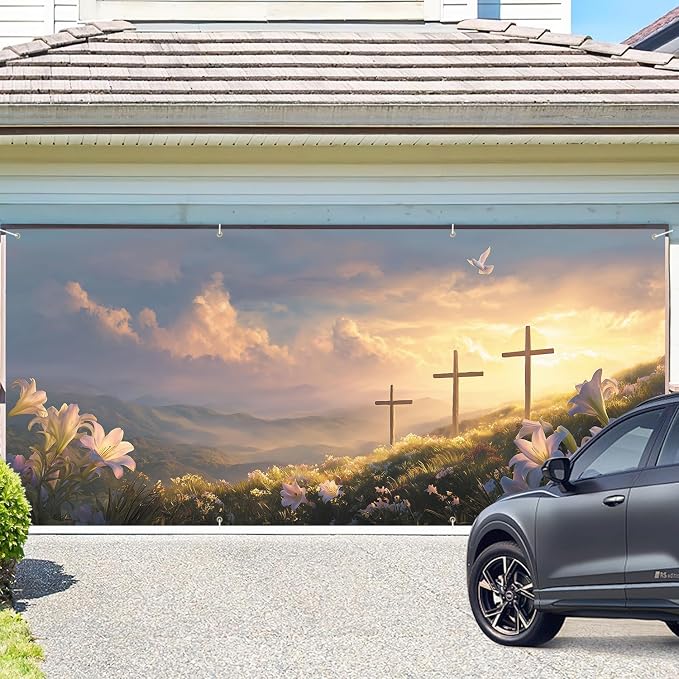 ANNA QUEEN Easter Cross Garage Door Banner 6x13FT, Sunrise Mountain Crosses - Image 2