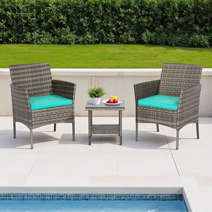 FDW | 3-Piece Patio Furniture Set | Gray & Blue | Outdoor Wicker Furniture - Image 2