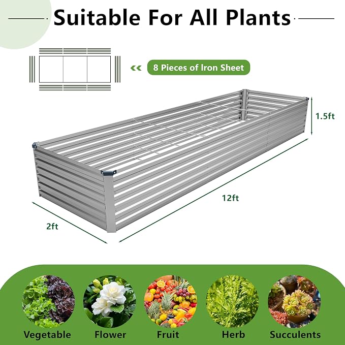12x2x1.5FT Galvanized Raised Garden Bed, Vegetable Boxes-Rectangle Metal Flower - Image 2