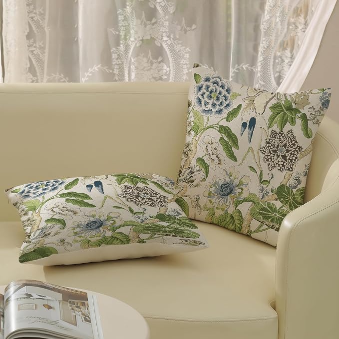 Sage Green Boho Pillow Covers 20x20 Inch 2 Pcs Blue Green Vintage Floral Bird - Image 4