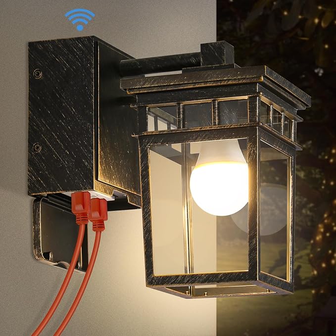 Outdoor Wall Lantern with GFCI Outlet, Dusk to Dawn Outdoor Lighting with Clear by FANDBO
