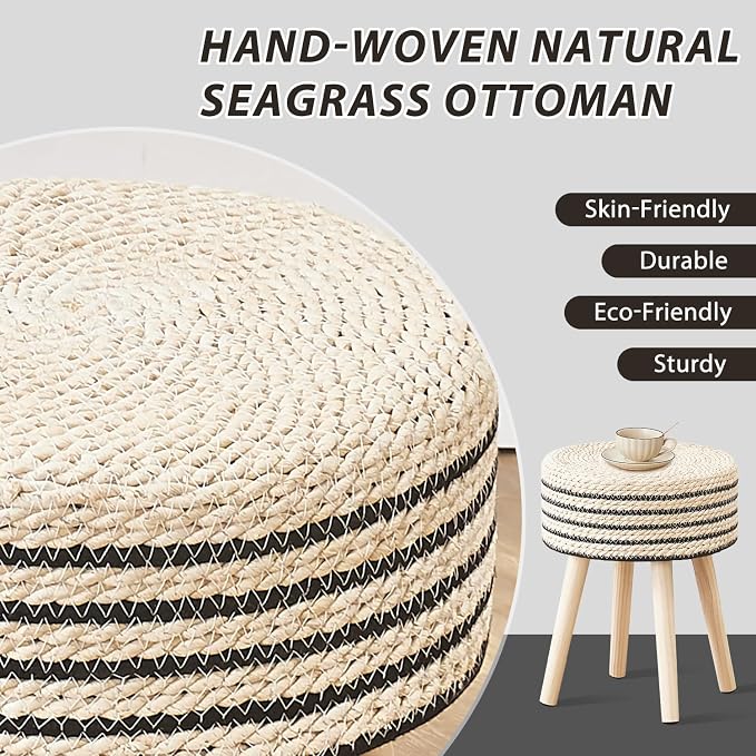 Cpintltr Round Ottoman Footstool Natural Seagrass Foot Stool Pouf Ottomans - Image 4