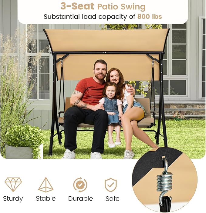 HAPPYGRILL 3-Seat Outdoor Porch Swing - Image 5