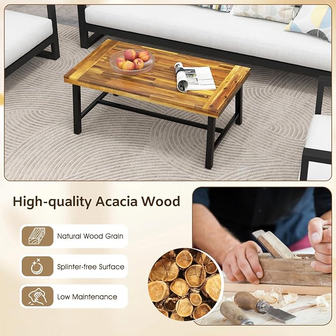 Tangkula Outdoor Acacia Wood Coffee Table, Rectangle Rustic Accent Table - Image 5
