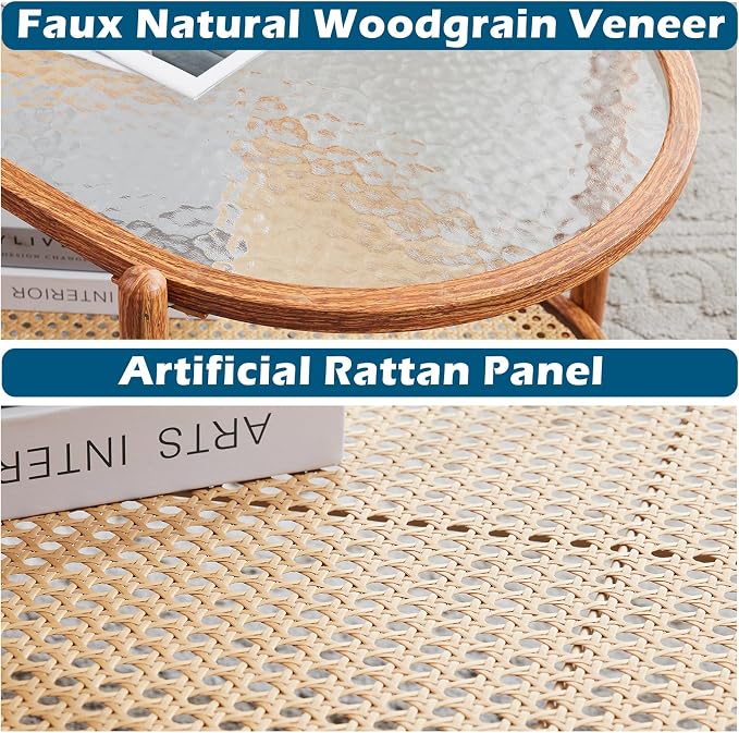 VINGLI 38" Rattan Oval Coffee Table, Water-Wave Glass Metal Center Table - Image 3