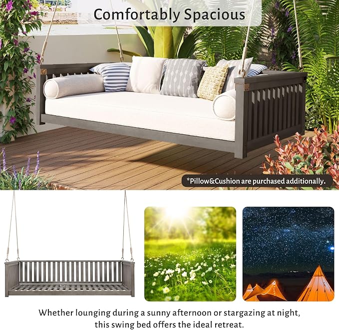 LUMISOL Patio Twin Size Swing Bed, Wooden Porch Swing Frame - Image 5