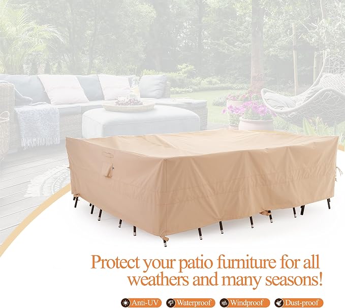WJ-X3 Large Rectangular Beige Heavy-Duty Patio Table Cover, Waterproof - Image 7