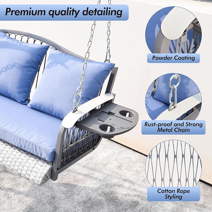 Wicker Porch Swing Heavy Duty 900 LBS 3-Seat Outdoor Patio Swing Chair - Image 5