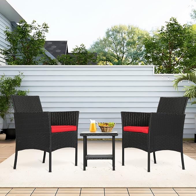 FDW | 3-Piece Patio Furniture Set | Black & Red | Outdoor Wicker Furniture - Image 7