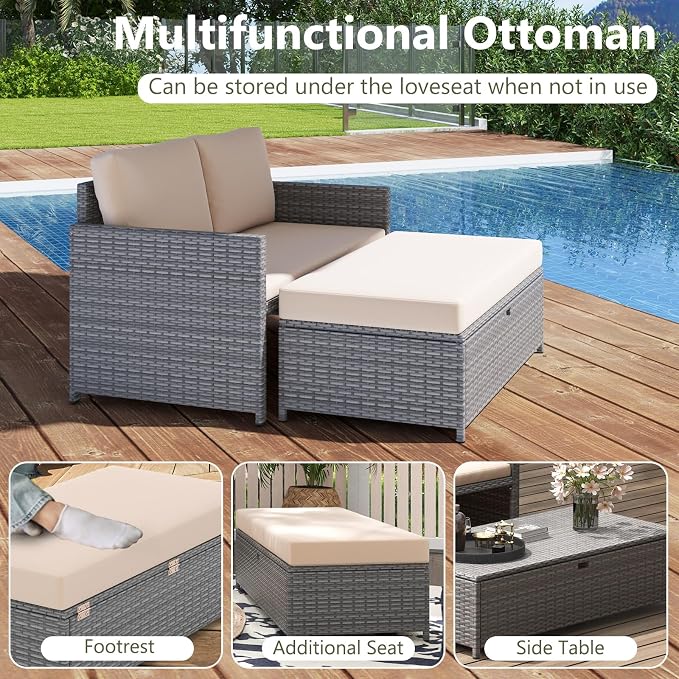 Tangkula Outdoor Rattan Daybed, Wicker Loveseat & 31 Gallon Storage Ottoman - Image 8