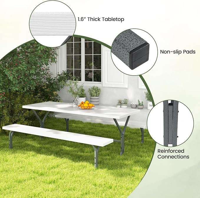 Giantex Picnic Table 6FT for 8 Person, Outdoor Table Set w/ 2 Benches, - Image 9
