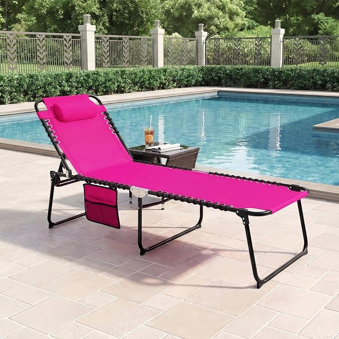 GYMAX Lounge Chairs for Outside, Extra High Folding Beach Tanning Lounger - Image 2