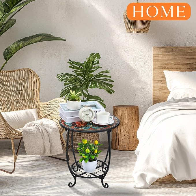 Outdoor Side Table Round Small Mosaic Patio Accent Indoor End Plant Coffee Tea - Image 2