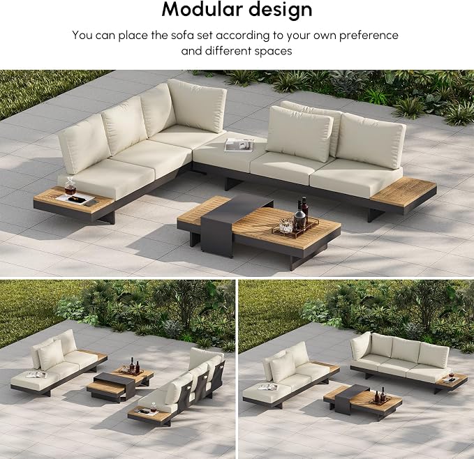 homary 6 Piece Aluminum & Teak Outdoor Sofa Set, Patio Conversation Sets - Image 2